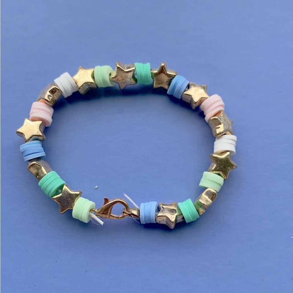 Gold Star Green and Pink Preppy Clay Bead Bracelet⭐️🌴💐